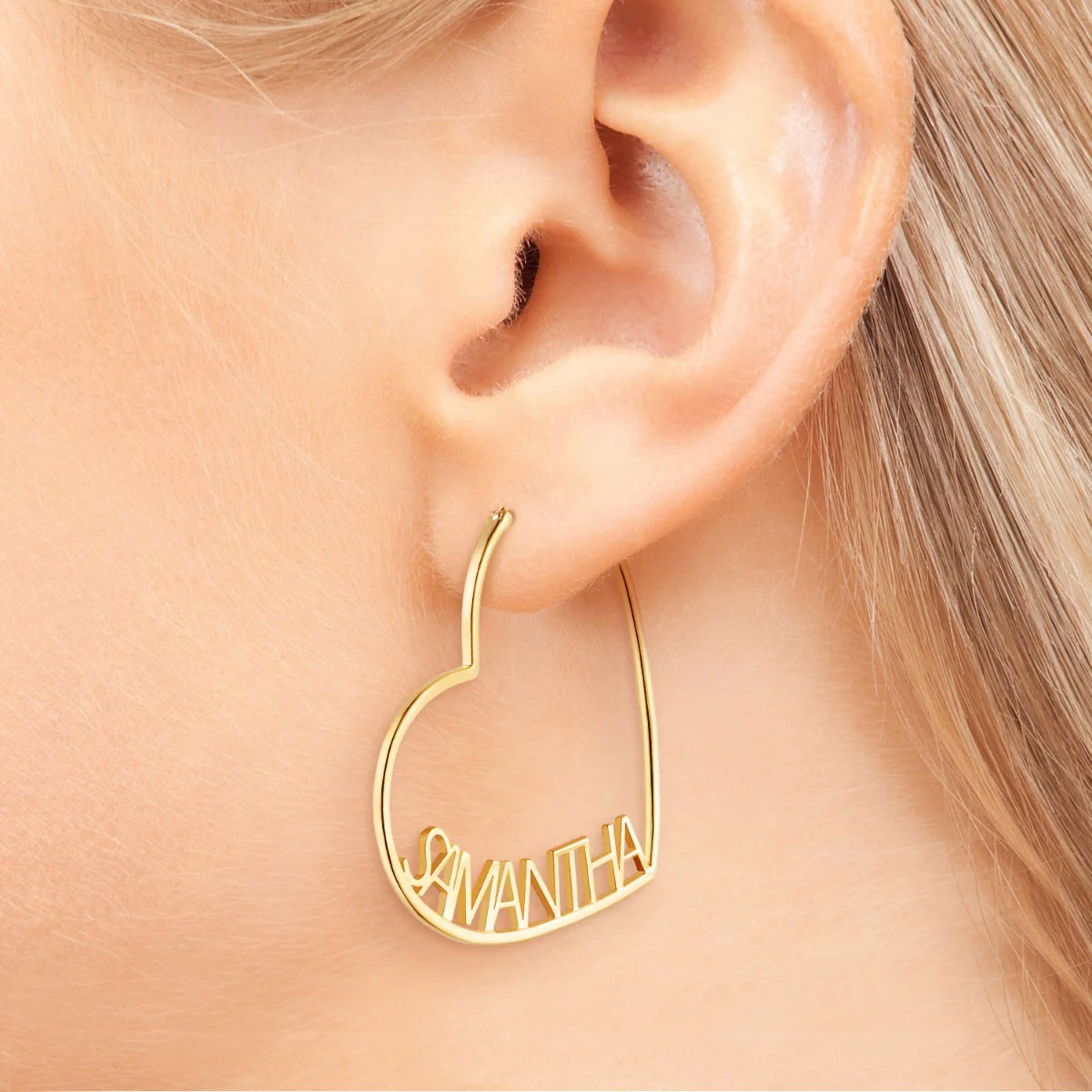 14K Gold Plated Personalized Nameplate Medium Heart Hoop Earrings - Image 3
