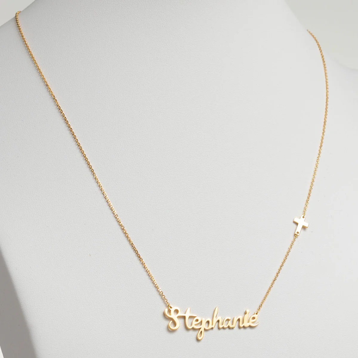 14K Gold Plated Script Name with Cross Station Necklace - Image 2