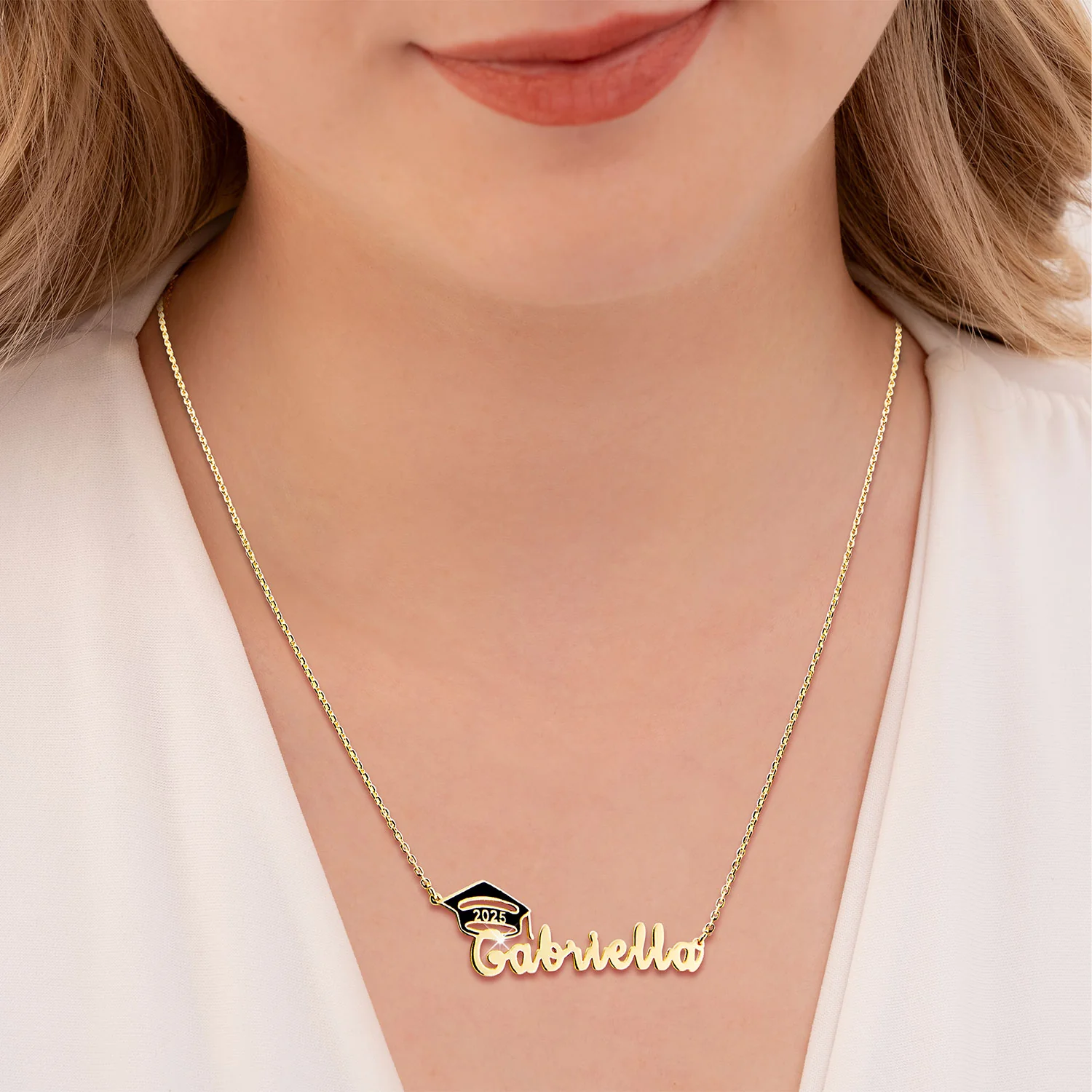 Graduation Name Plaque with Enamel Grad Cap Freestyle Class/ Graduation Necklace - Image 3