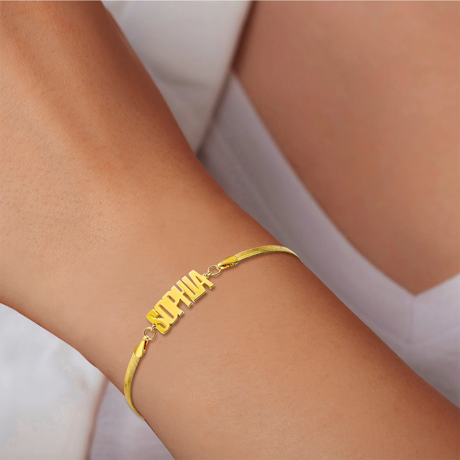 Herringbone Chain Bold Uppercase Name Bracelet - Image 3