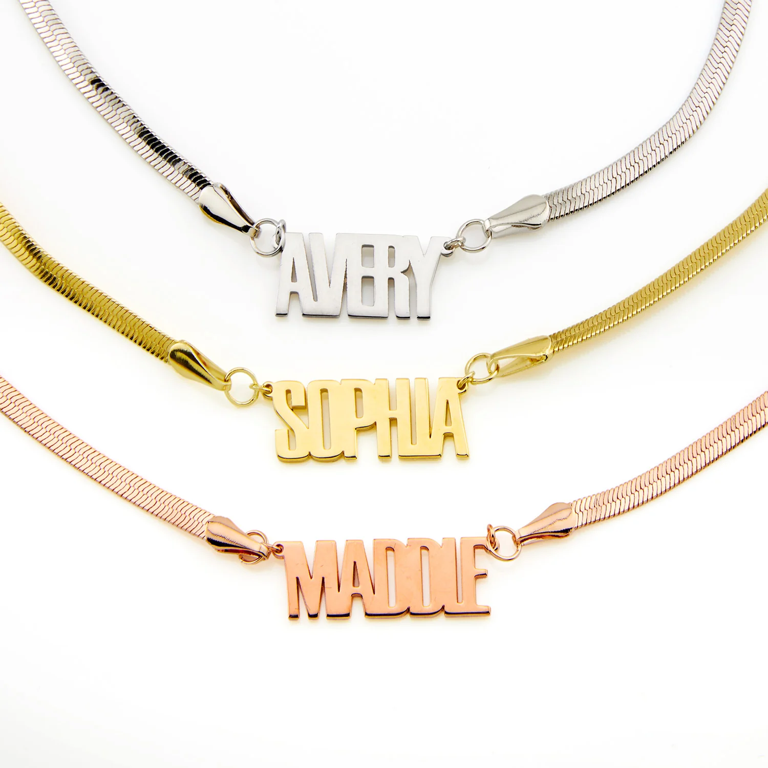 Herringbone Chain Bold Uppercase Name Necklace