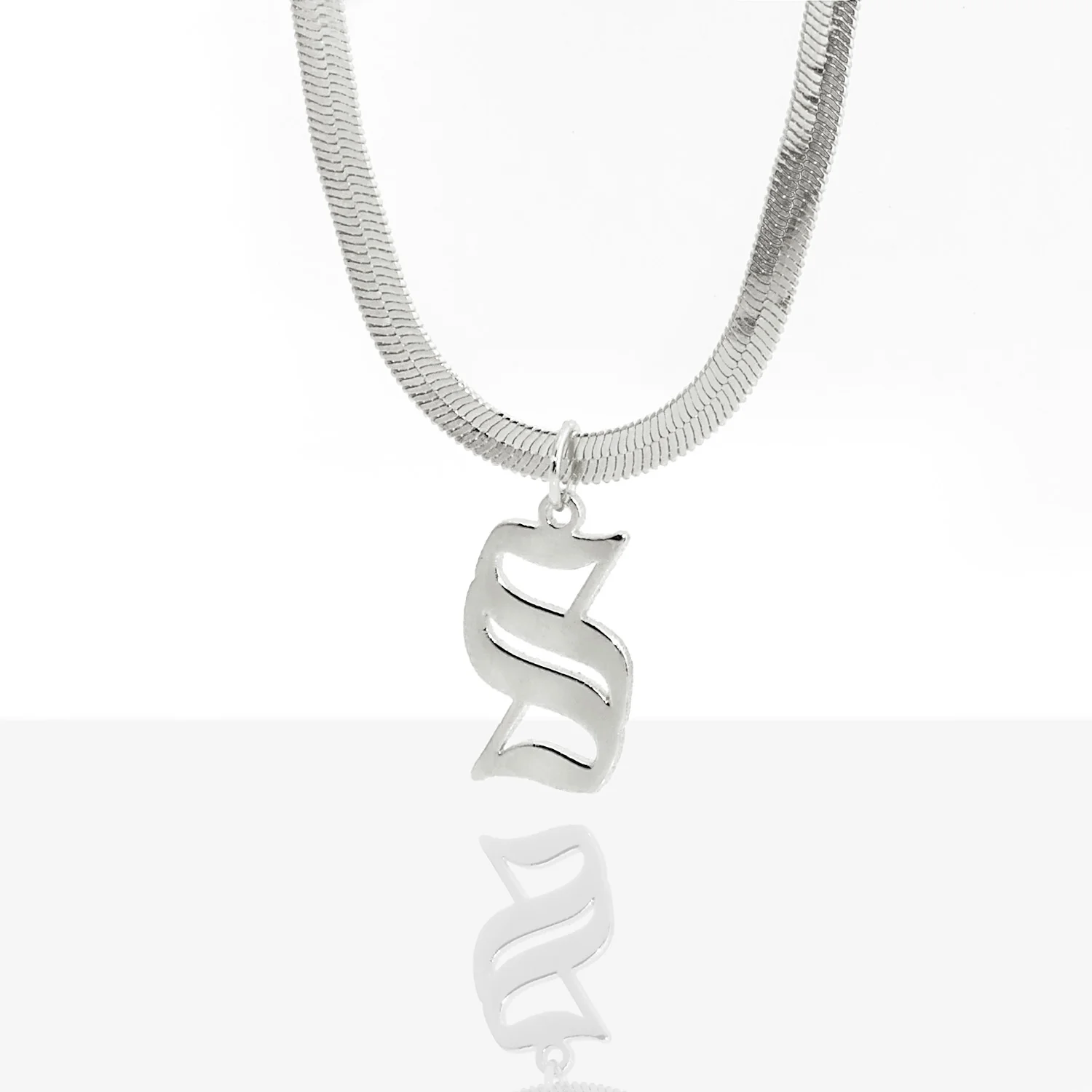 Herringbone Chain Old English Initial Charm Necklace - Image 4