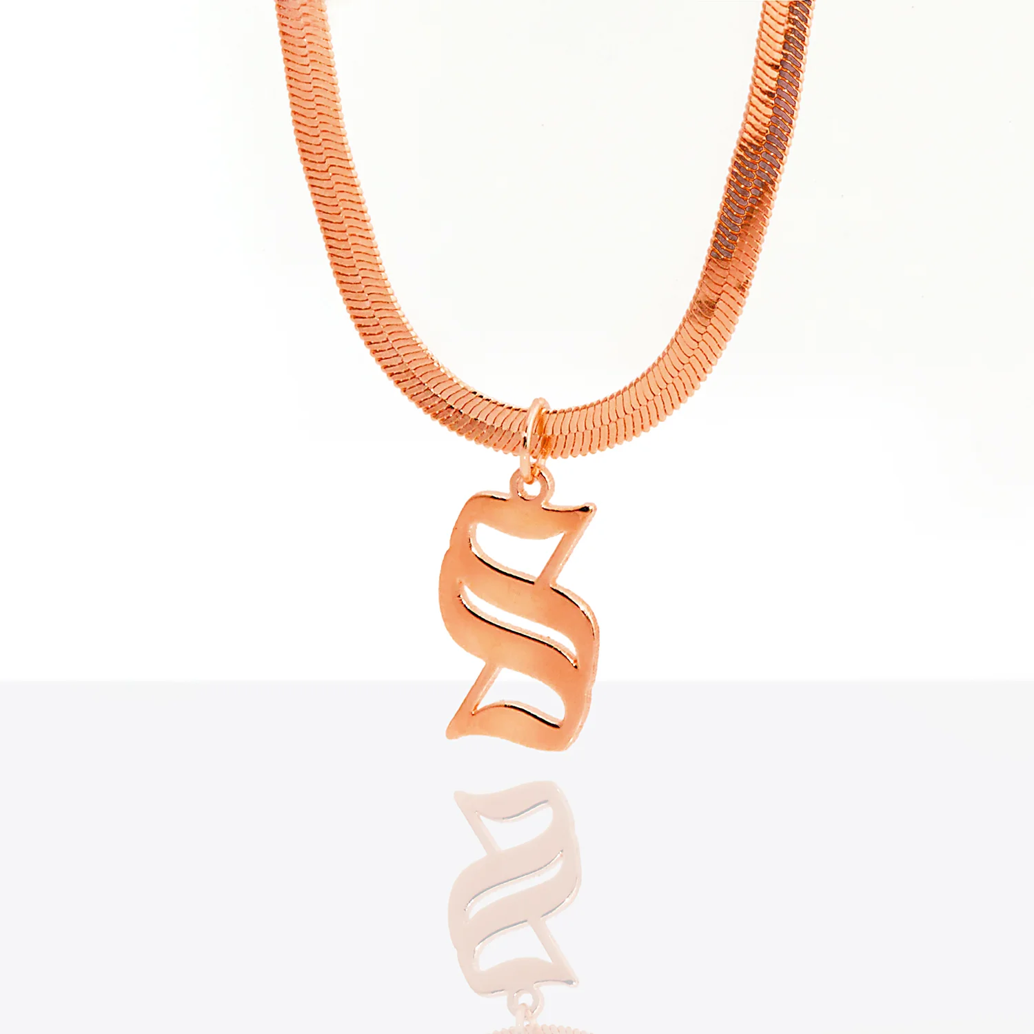 Herringbone Chain Old English Initial Charm Necklace - Image 5