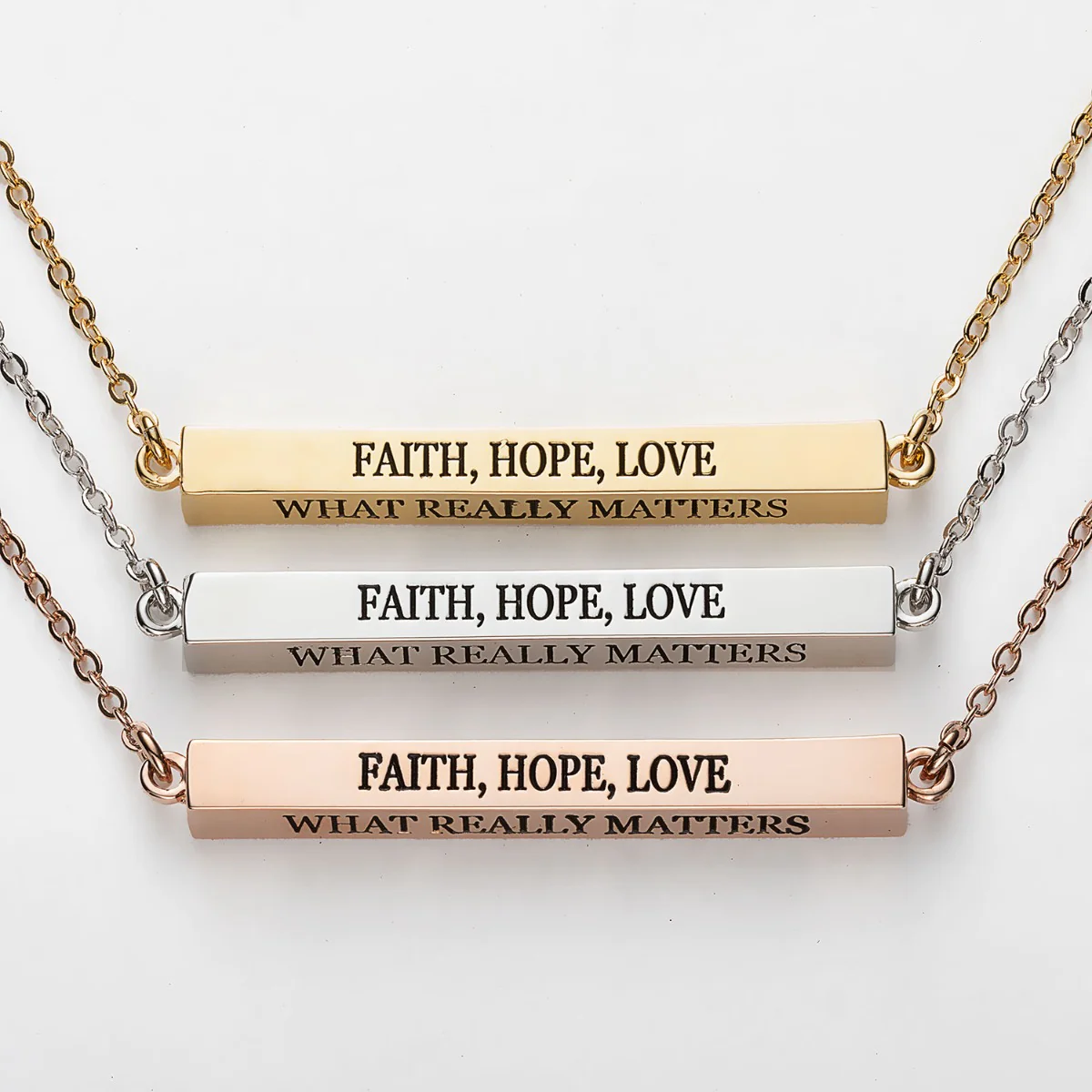 Horizontal 4-sided Bar 'Faith, Hope, Love' Engraved Necklace