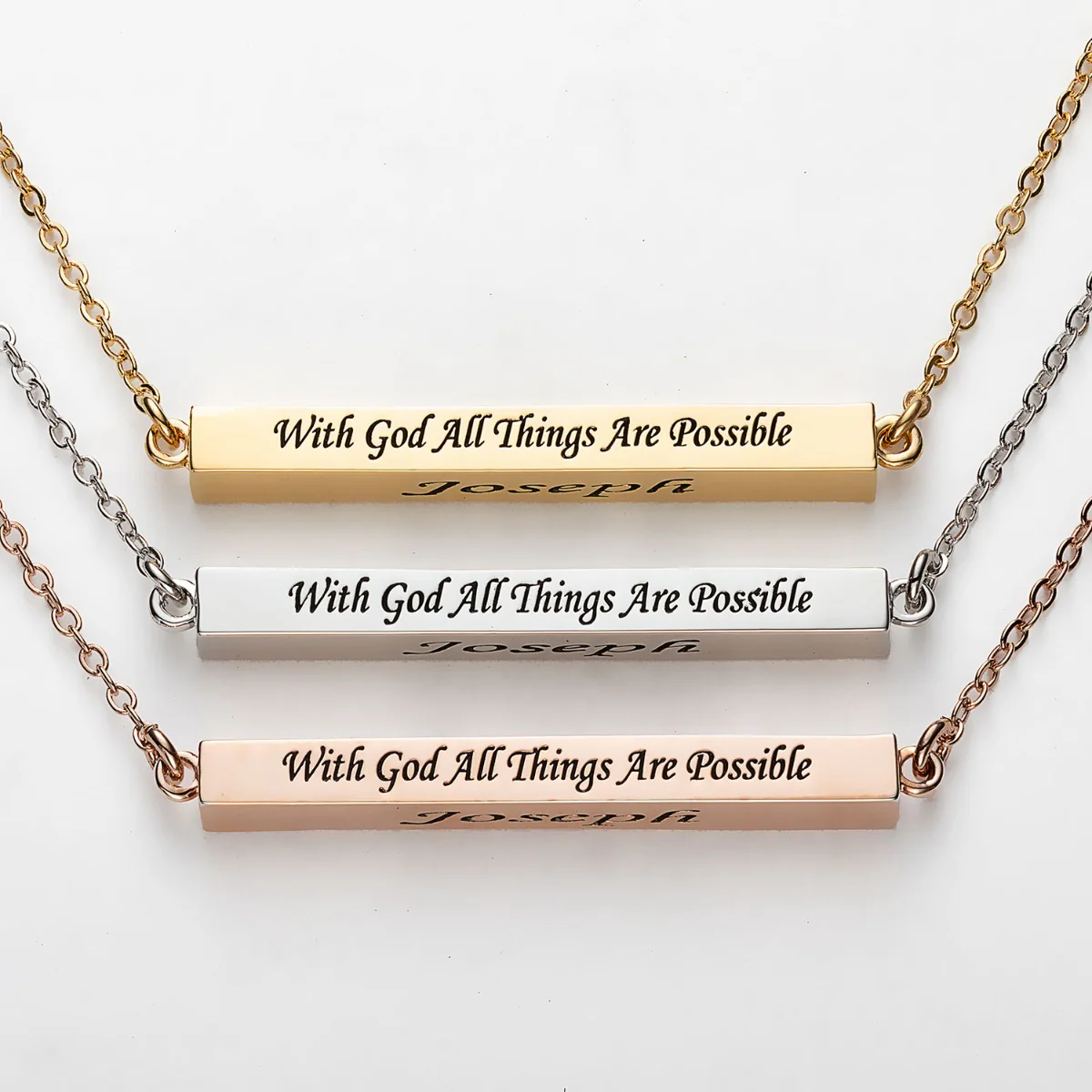 Horizontal 4-sided Bar 'With God' Engraved Name Necklace