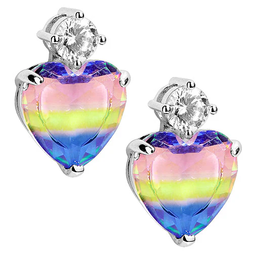 Iridescent Heart Stone with CZ Accent Button Earrings - Image 3