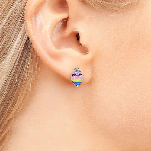 Iridescent Heart Stone with CZ Accent Button Earrings - Image 4