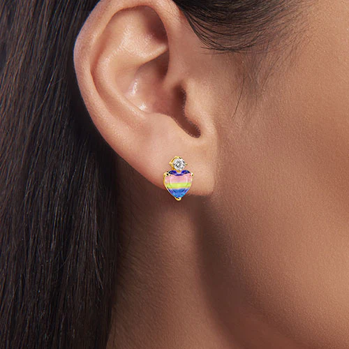 Iridescent Heart Stone with CZ Accent Button Earrings - Image 7