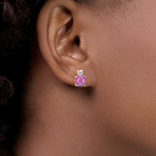 Iridescent Round Iridescent Stone with CZ Accent Button Earrings - Image 10
