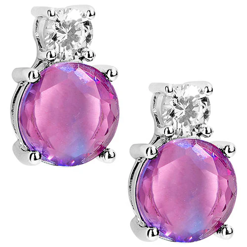 Iridescent Round Iridescent Stone with CZ Accent Button Earrings - Image 3