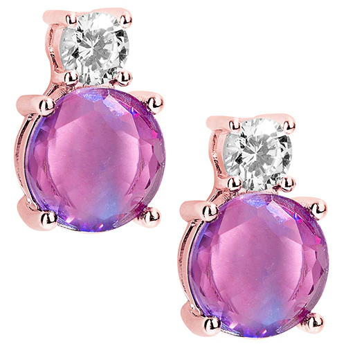 Iridescent Round Iridescent Stone with CZ Accent Button Earrings - Image 9