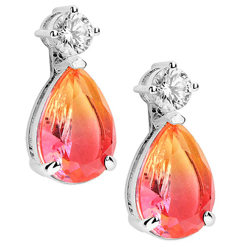 Iridescent Teardrop Stone with CZ Accent Button Earrings - Image 3