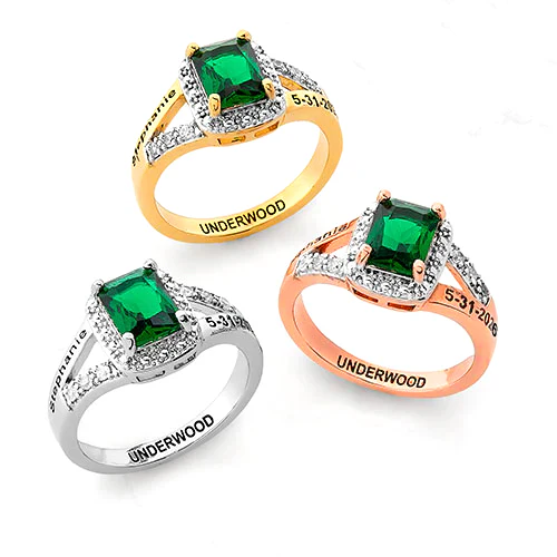 Ladies' 14K Gold over Sterling Emerald Cut Birthstone with CZ Freestyle Class Ring - Image 5