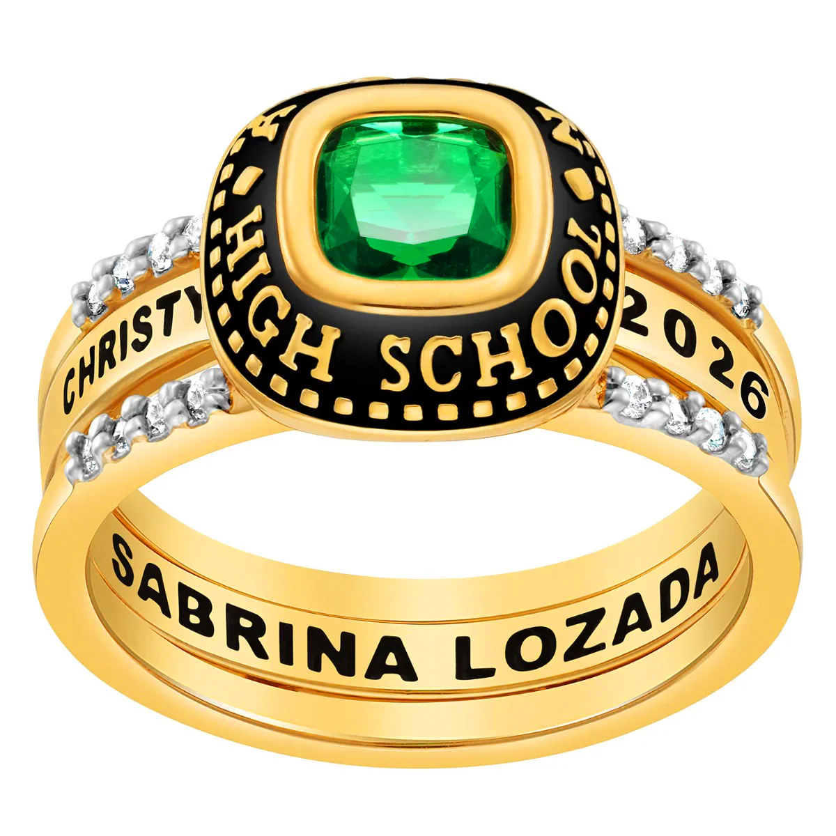 Ladies' 14k Gold Plated Freestyle Class Ring with Jacket and CZ Accents - Image 2