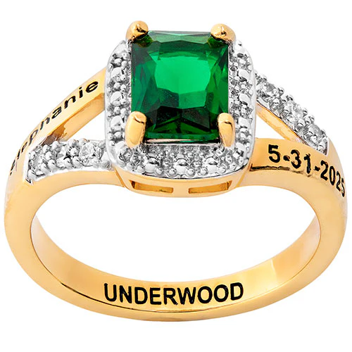 Ladies' 14K Gold Plated Emerald Cut Birthstone with CZ Freestyle Class Ring