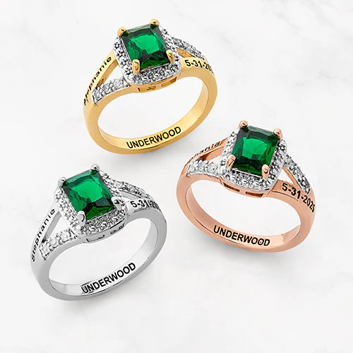 Ladies' 14K Gold Plated Emerald Cut Birthstone with CZ Freestyle Class Ring - Image 5