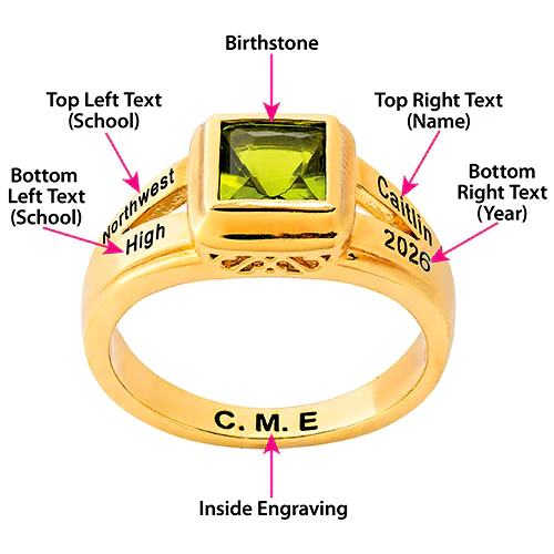 Ladies' 14K Gold Plated Princess Cut Birthstone Freestyle Class Ring - Image 8