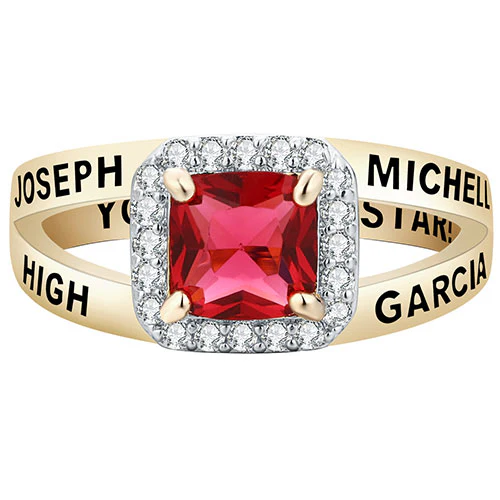 Women's 14K Gold Plated Split Band Square CZ Halo Birthstone Class Ring - Image 2