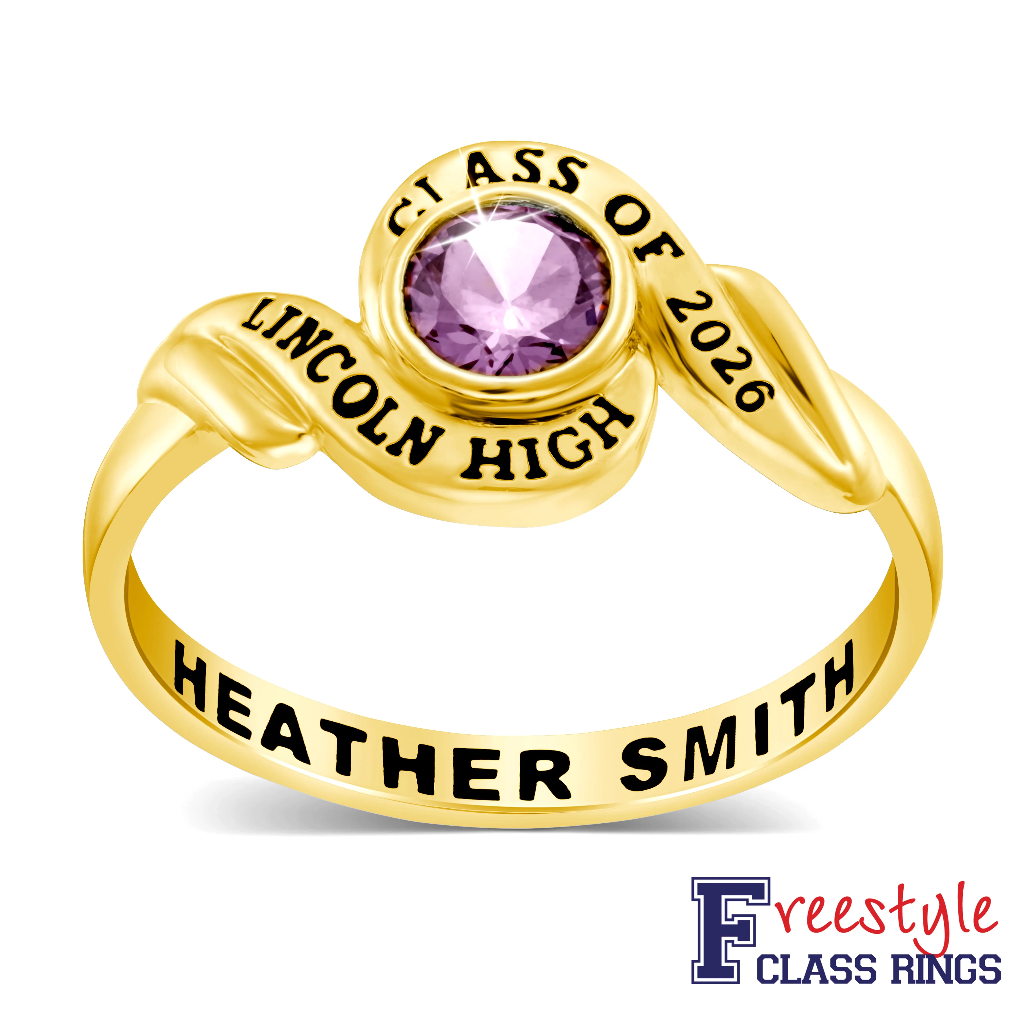 Ladies' 14k Gold Plated Swirl Bypass Round Birthstone Class Ring