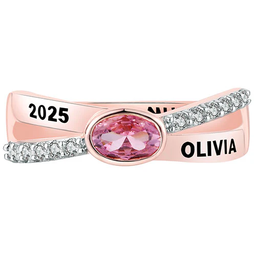 Women's 14K Rose Gold over Sterling Crossover Oval Birthstone Fashion Class Ring - Image 2