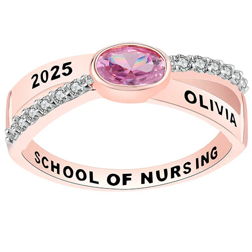 Women's 14K Rose Gold over Sterling Crossover Oval Birthstone Fashion Class Ring - Image 5