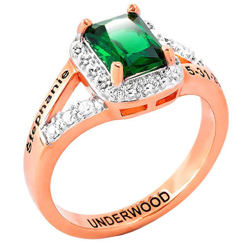 Ladies' 14K Rose Gold over Sterling Emerald Cut Birthstone with CZ Freestyle Class Ring - Image 2