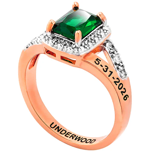 Ladies' 14K Rose Gold over Sterling Emerald Cut Birthstone with CZ Freestyle Class Ring - Image 3