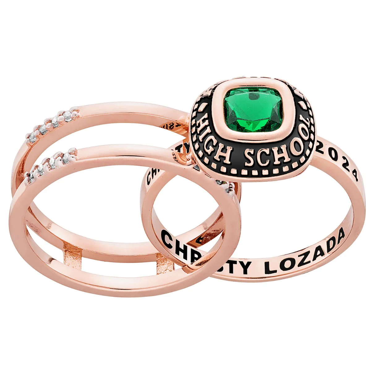 Ladies' 14k Rose Gold Plated Class Ring with Jacket and CZ Accents - Image 2