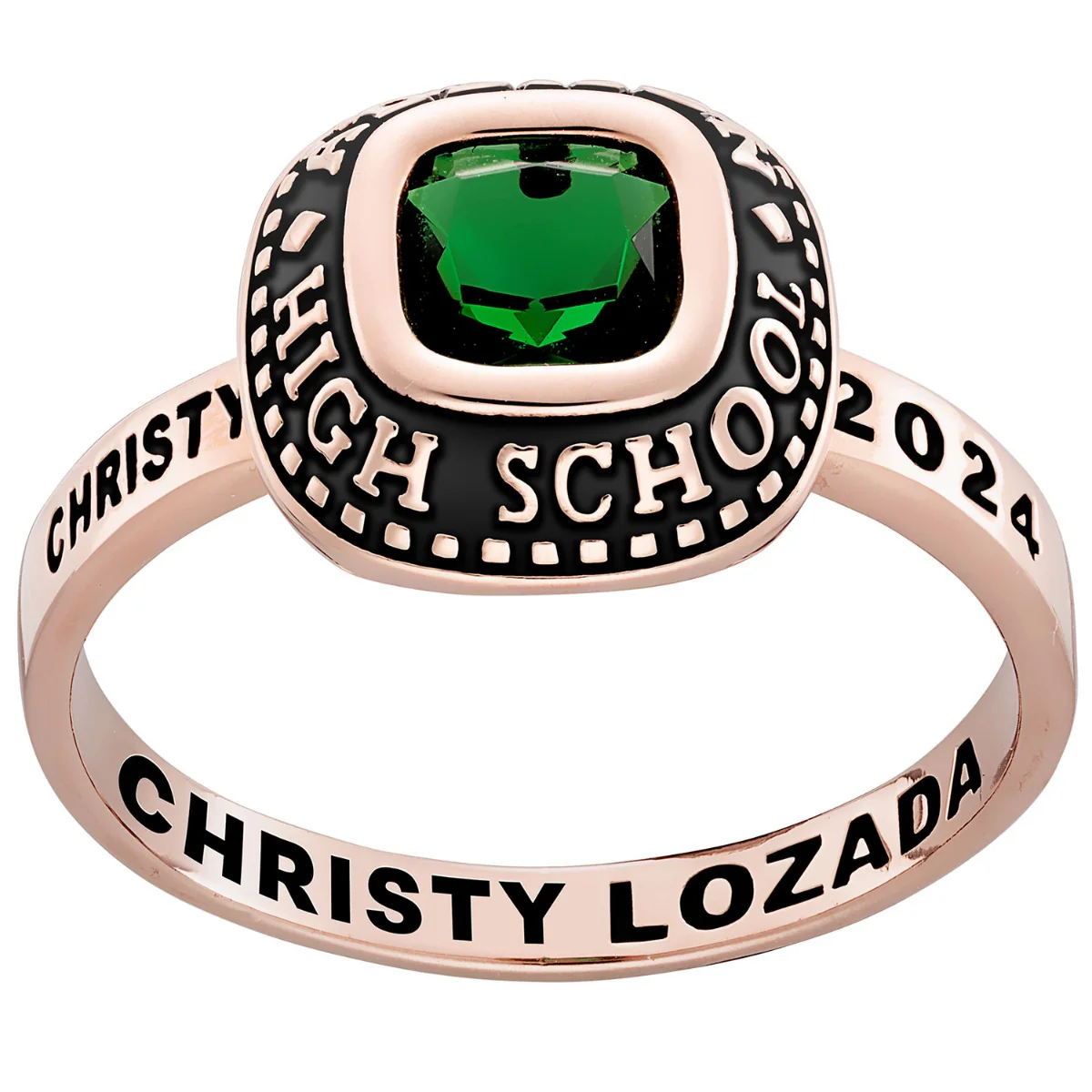 Ladies' 14k Rose Gold Plated Class Ring with Jacket and CZ Accents - Image 3