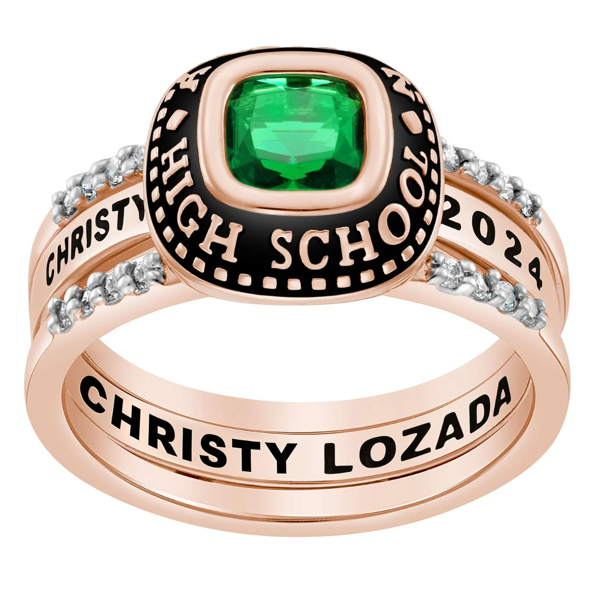 Ladies' 14k Rose Gold Plated Class Ring with Jacket and CZ Accents - Image 4