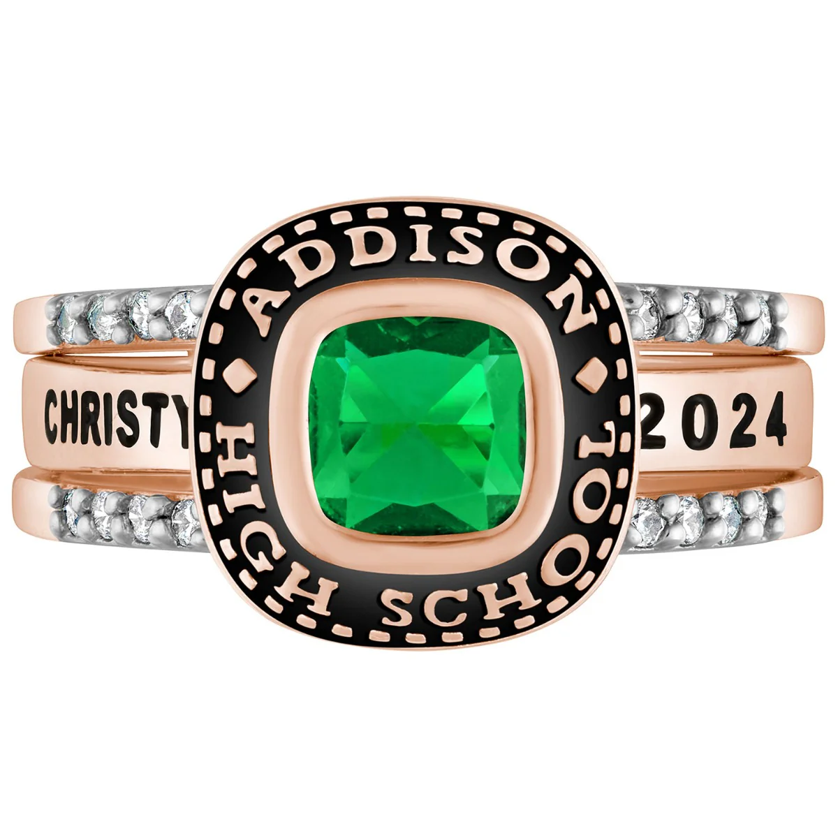 Ladies' 14k Rose Gold Plated Class Ring with Jacket and CZ Accents - Image 5