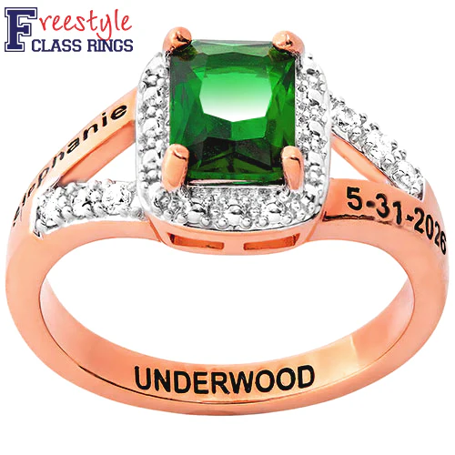 Ladies' 14K Rose Gold Plated Emerald Cut Birthstone with CZ Freestyle Class Ring