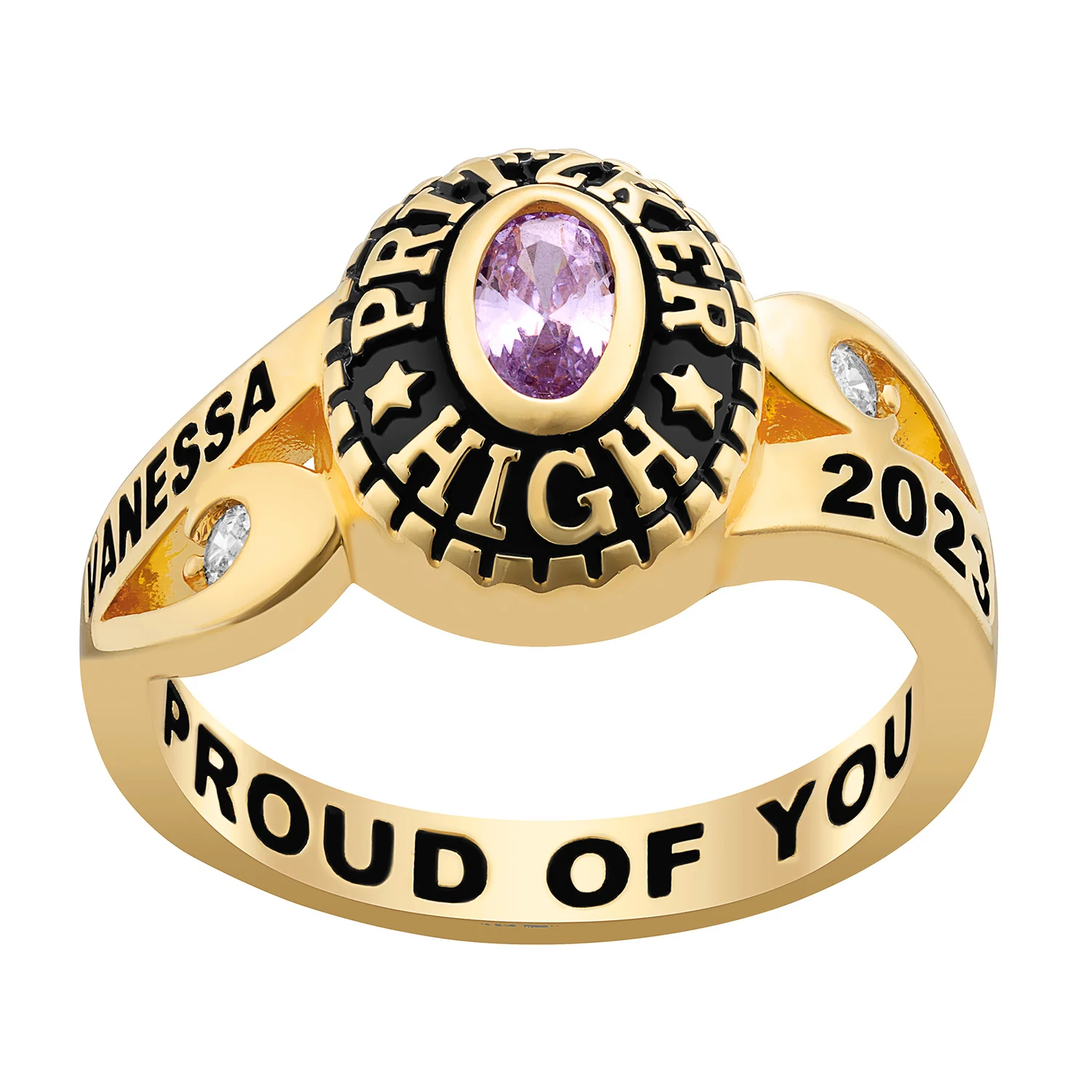Ladies' 14K Gold Plated Celebrium CZ Scroll Bypass Birthstone Class Ring