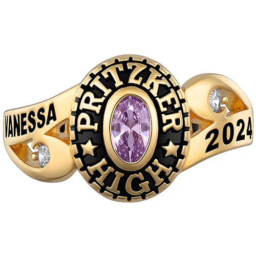 Ladies' 14K Gold Plated Celebrium CZ Scroll Bypass Birthstone Class Ring - Image 3