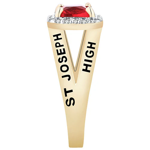 Women's Gold Over Sterling Split Band Square CZ Halo Birthstone Class Ring - Image 3