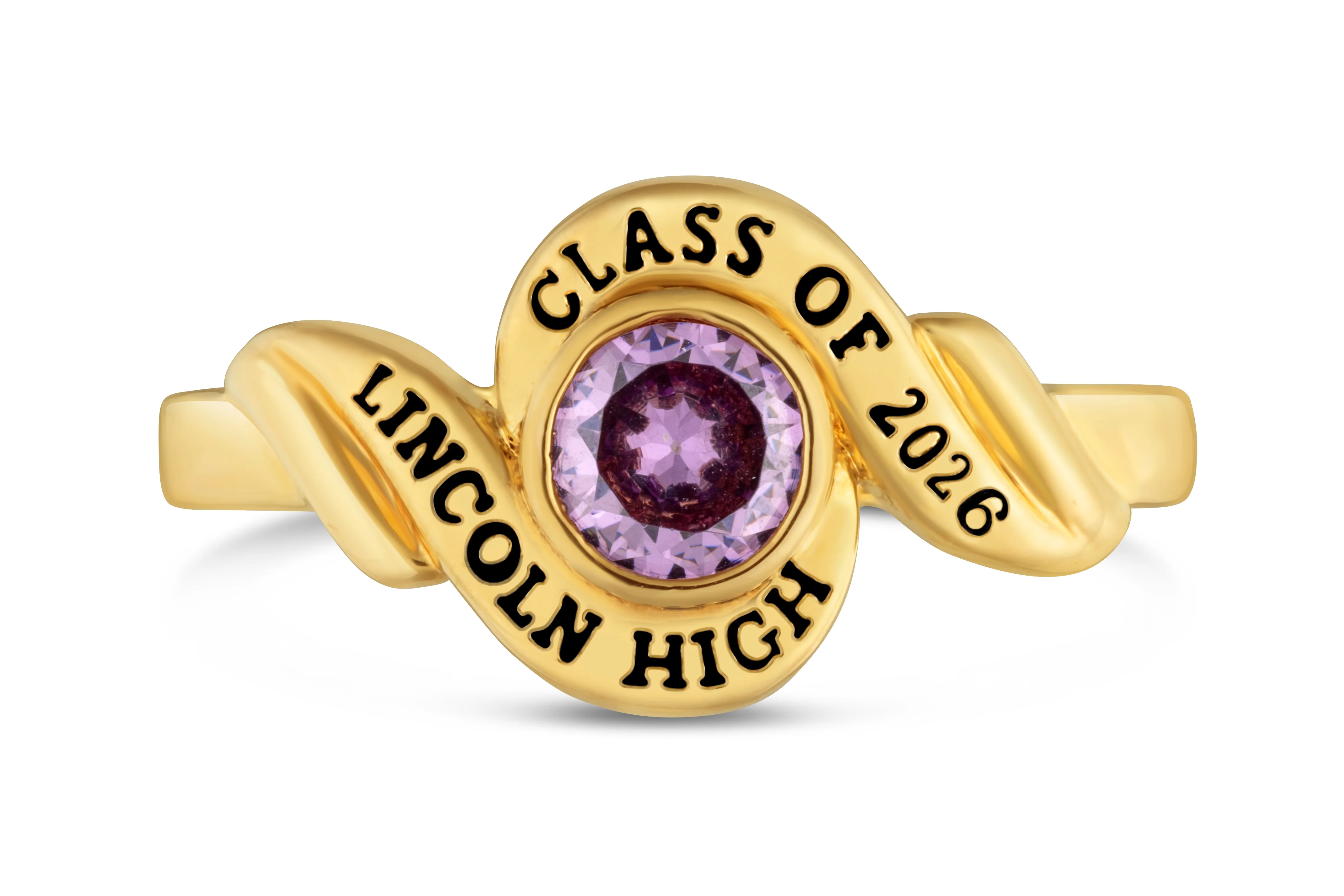 Ladies' 14K Gold over Sterling Swirl Bypass Round Birthstone Class Ring - Image 2