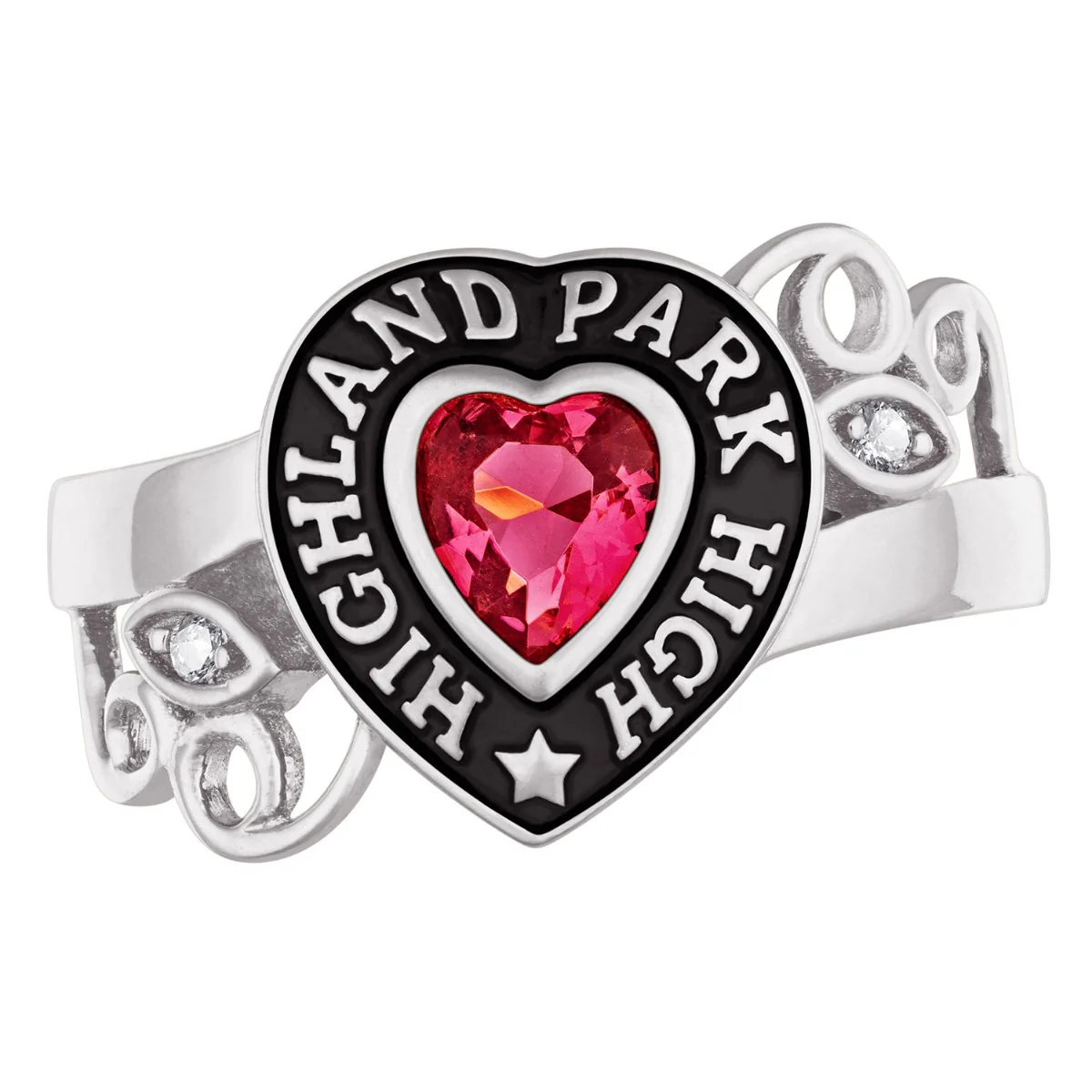 Ladies' Platinum Celebrium? Heart Stone and CZ Swirl Class Ring - Image 2