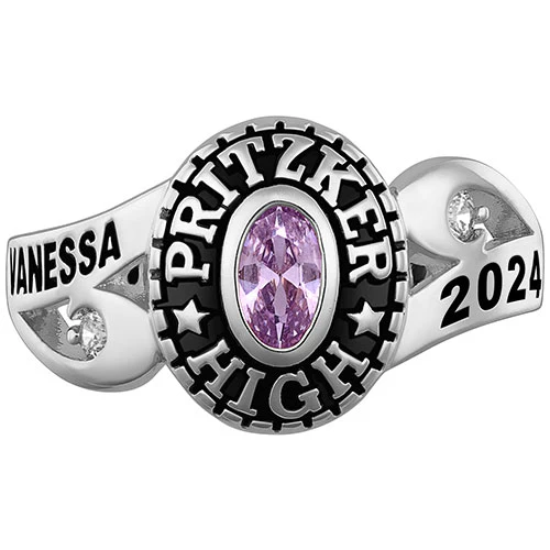Ladies' Platinum Over Celebrium CZ Scroll Bypass Birthstone Class Ring - Image 3