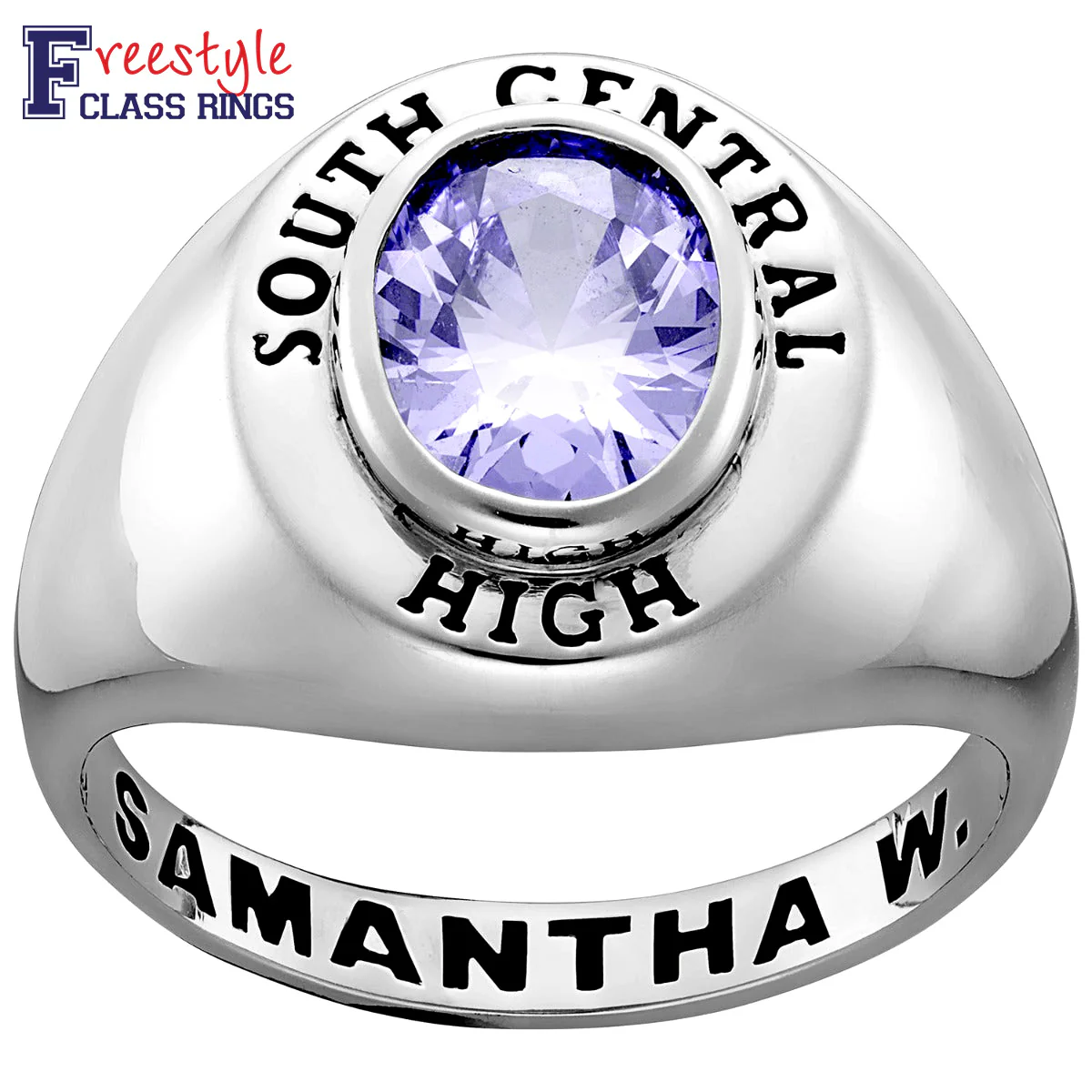 Ladies' Platinum Plated Minimal Oval Birthstone Signet Freestyle Class Ring