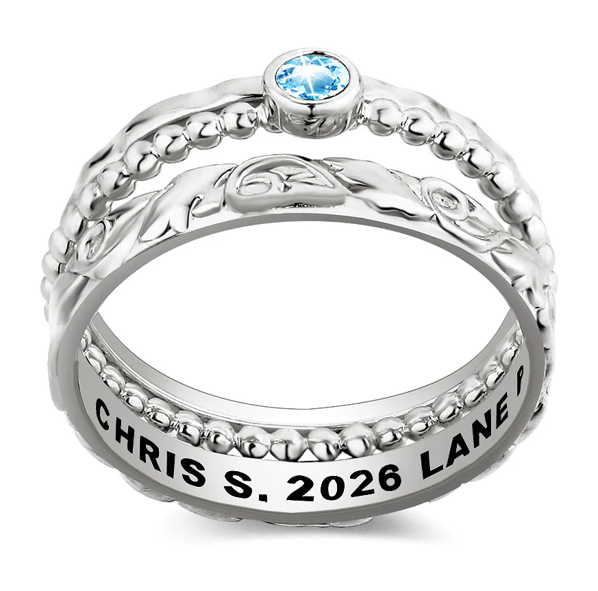 Women's Platinum Plated Round Birthstone Stackable Freestyle Class Ring - Image 3