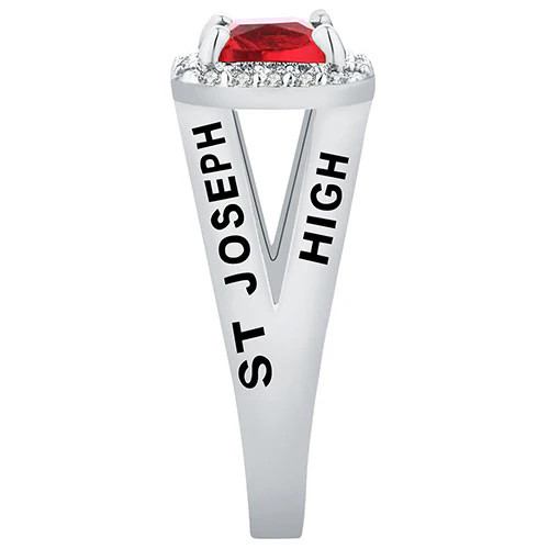 Women's Platinum Plated Split Band Square CZ Halo Birthstone Class Ring - Image 3