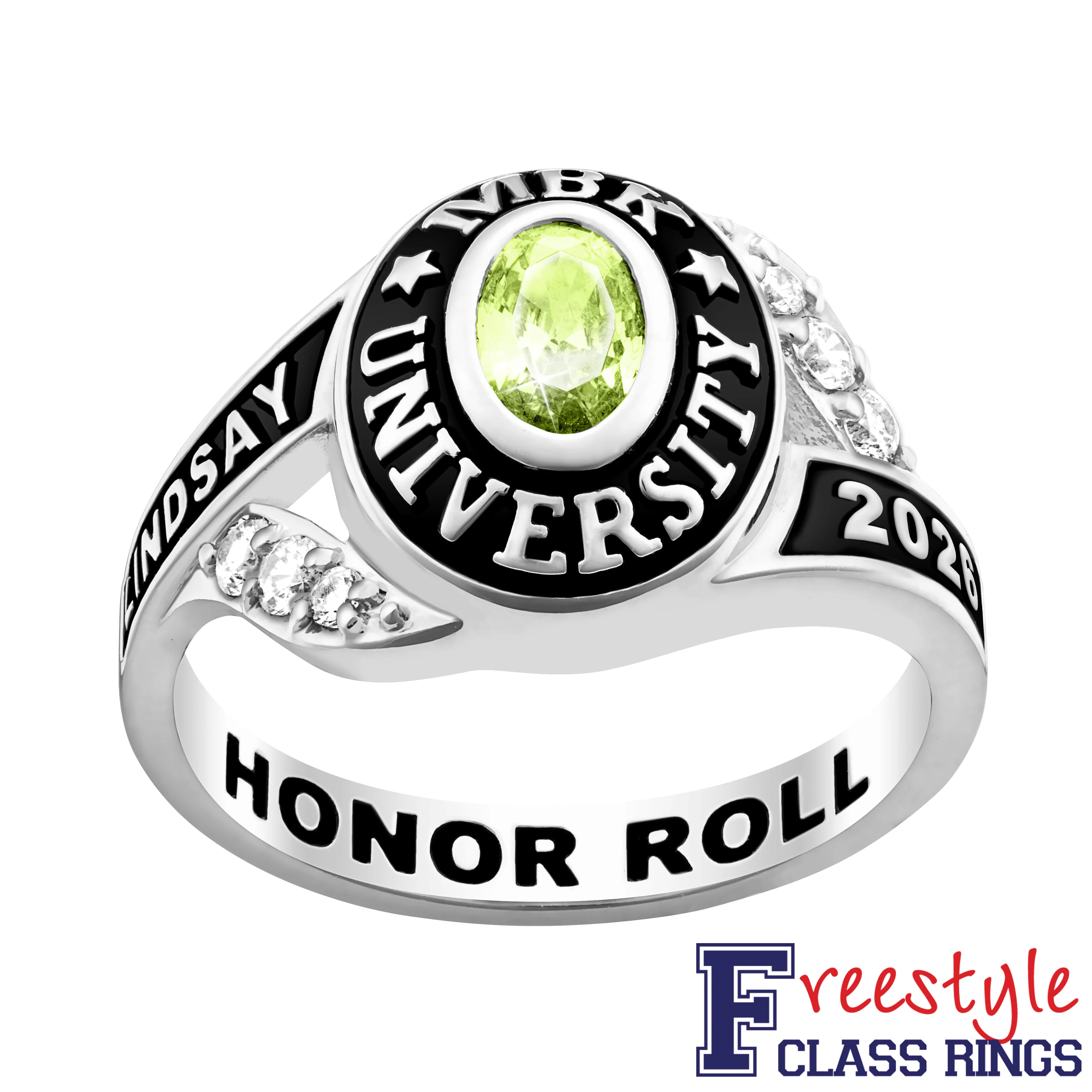 Ladies' Platinum Plated Sterling Silver Birthstone Traditional Class Ring