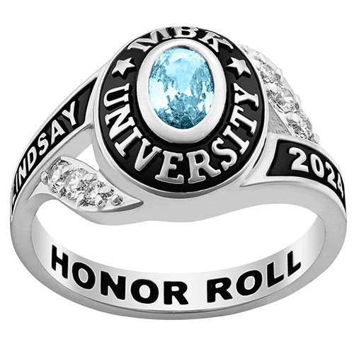 Ladies' Platinum Plated Sterling Silver Birthstone Traditional Class Ring - Image 5