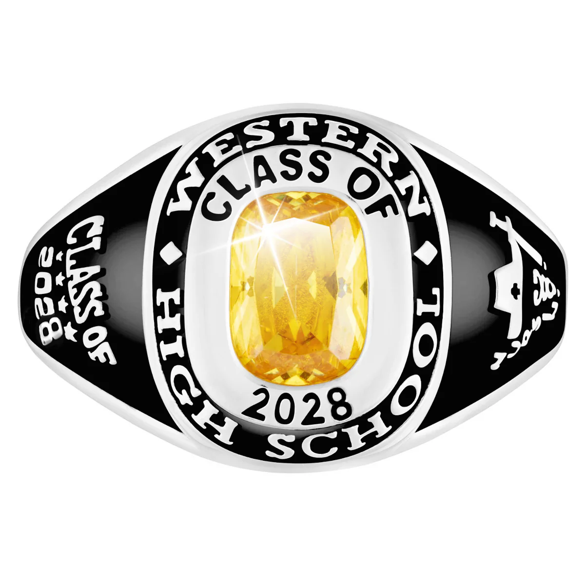 Ladies' Platinum Plated Traditional Cushion Birthstone Class Ring - Image 2