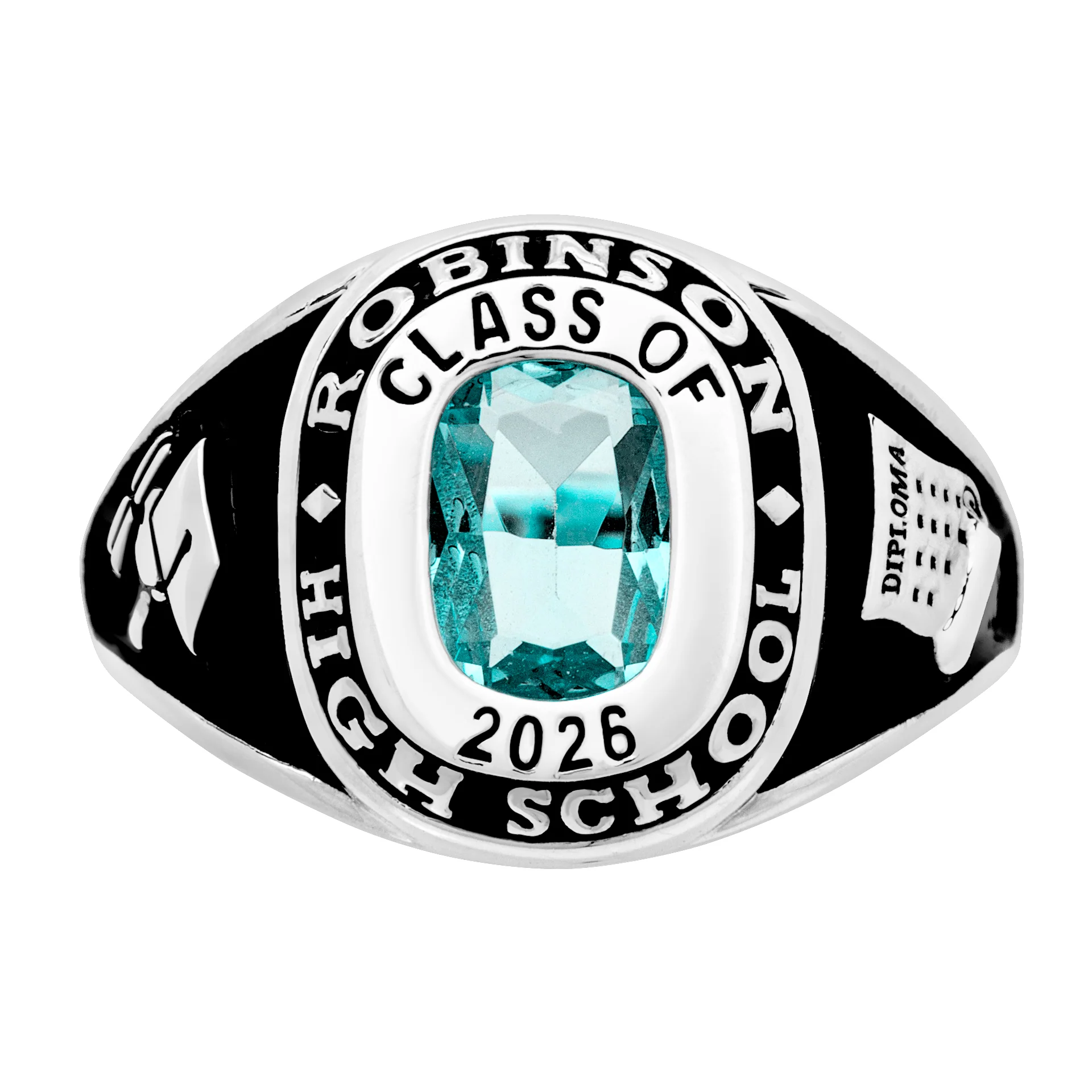 Ladies' Platinum Plated Traditional Cushion Birthstone Class Ring - Image 3
