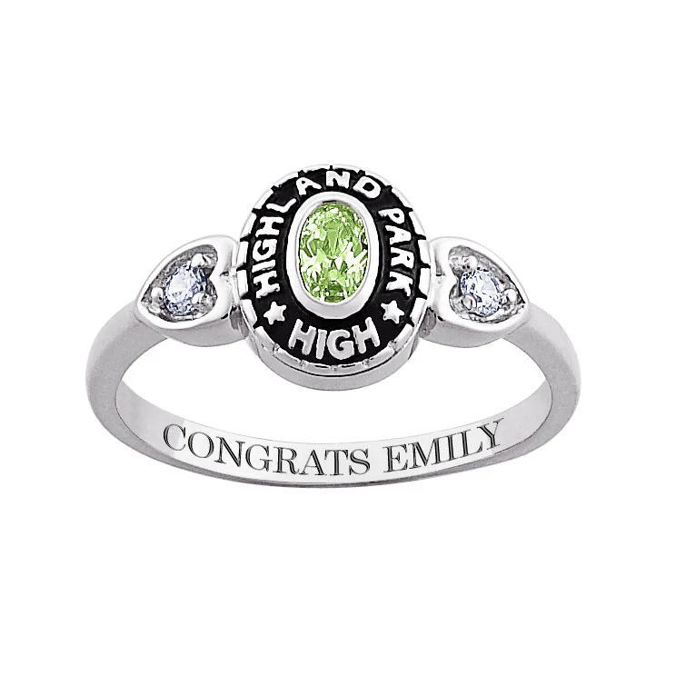 Ladies Platinum Plated Traditional Oval Stone & CZ Heart Class Ring