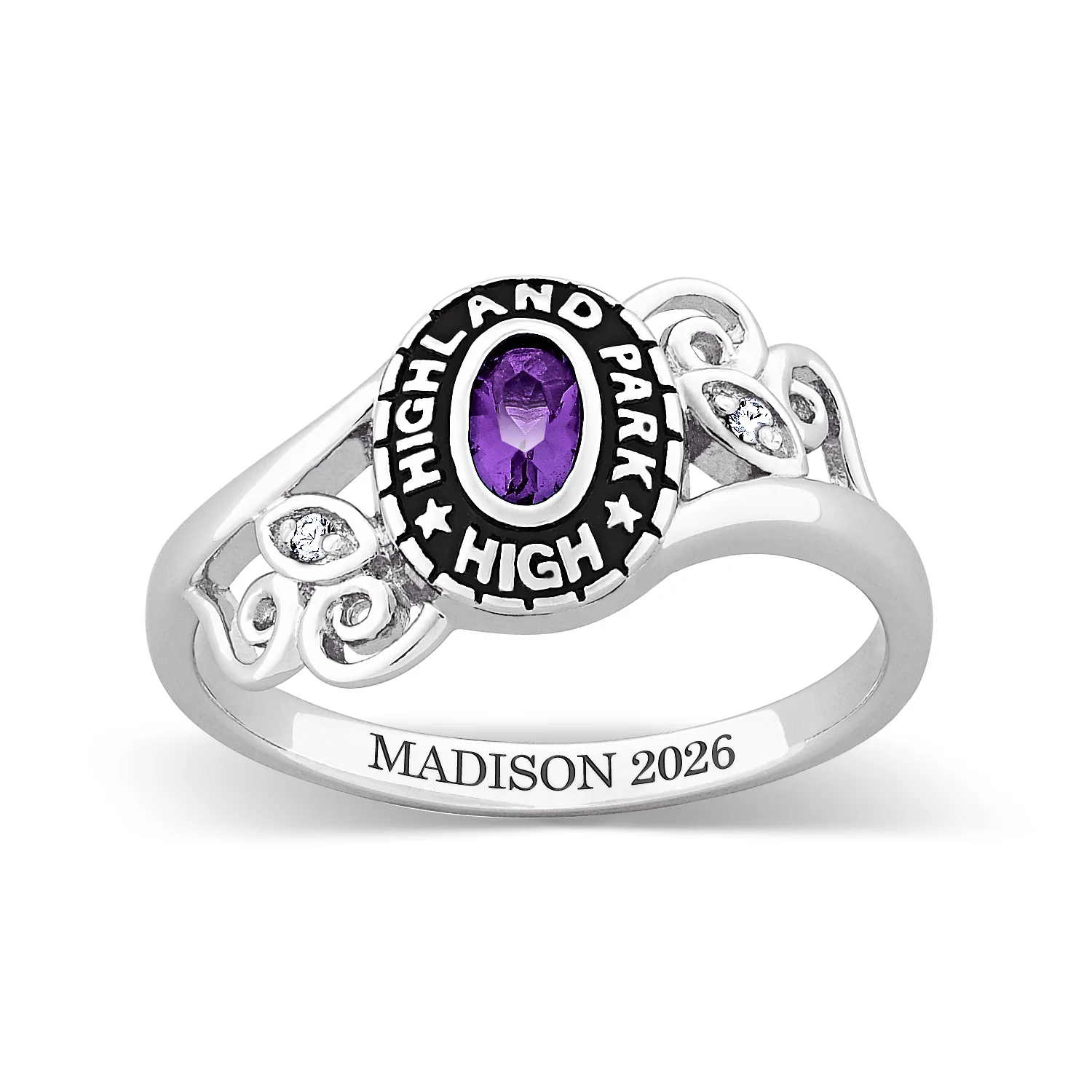 Ladies Platinum Plated Traditional Oval Stone & CZ Swirl Class Ring - Image 2