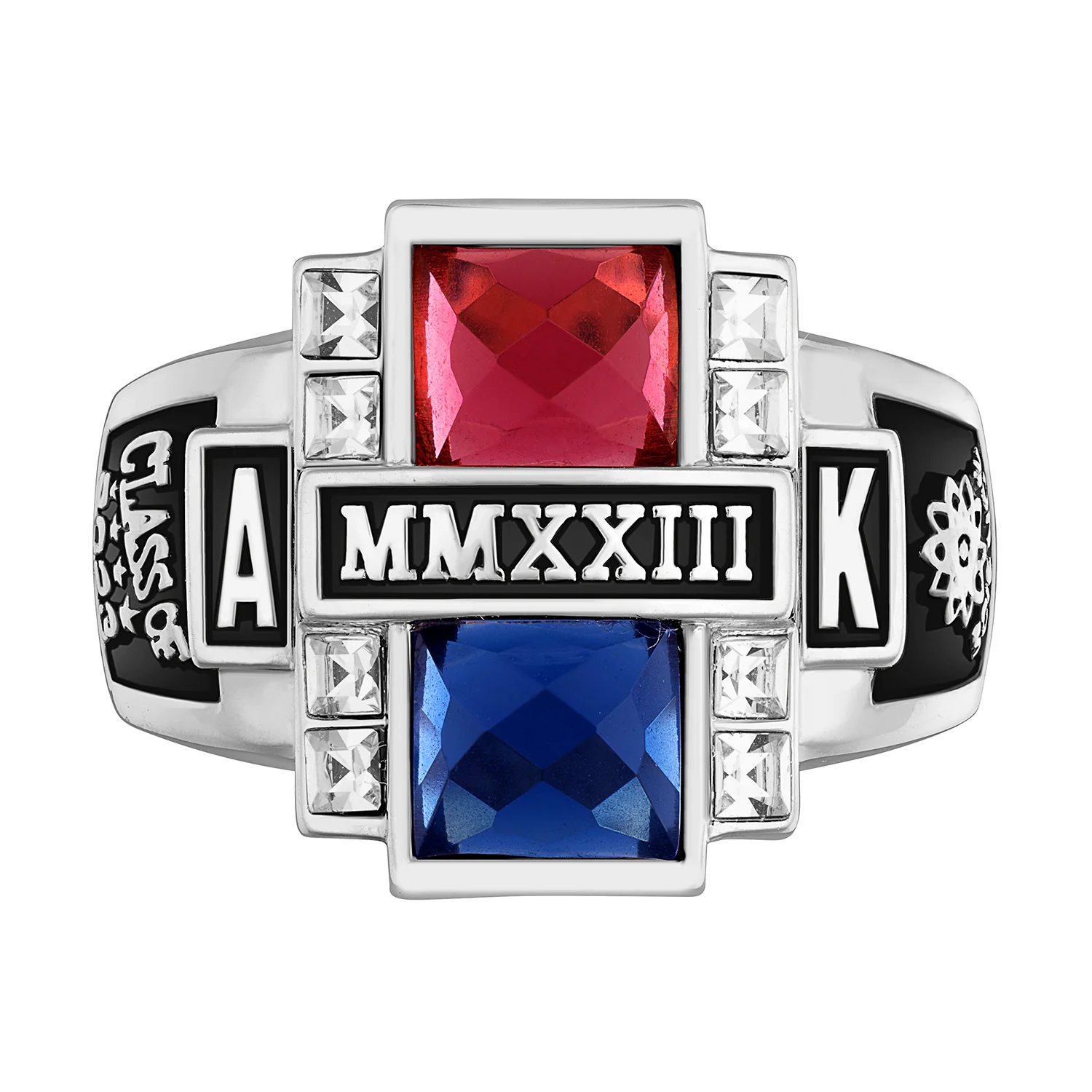 Ladies' Silver Plated Double Birthstone & CZ Rectangle Class Ring - Image 2
