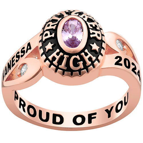 Ladies' 14K Rose Gold over Sterling CZ Scroll Bypass Birthstone Class Ring - Image 2