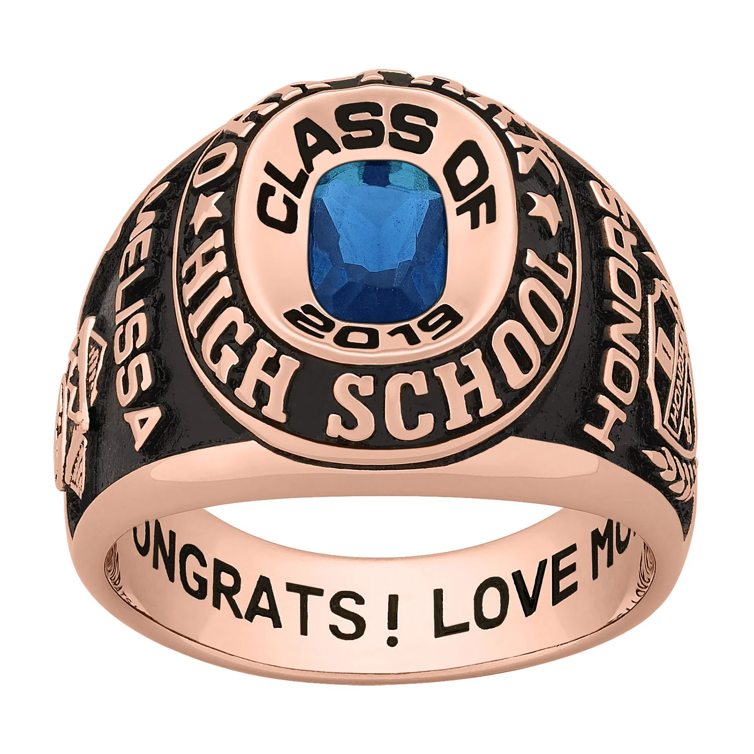 Ladies 14K Rose Gold over Sterling Double Row Traditional Birthstone Class Ring